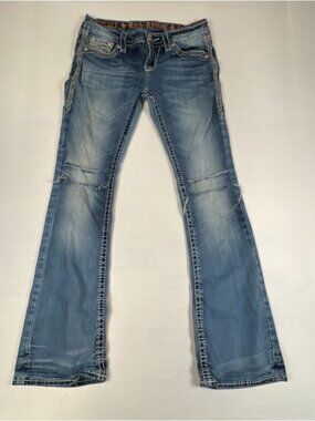 Rock Revival Women Size 28 Lina Bootcut Denim Jeans Blue Stitched Sequins